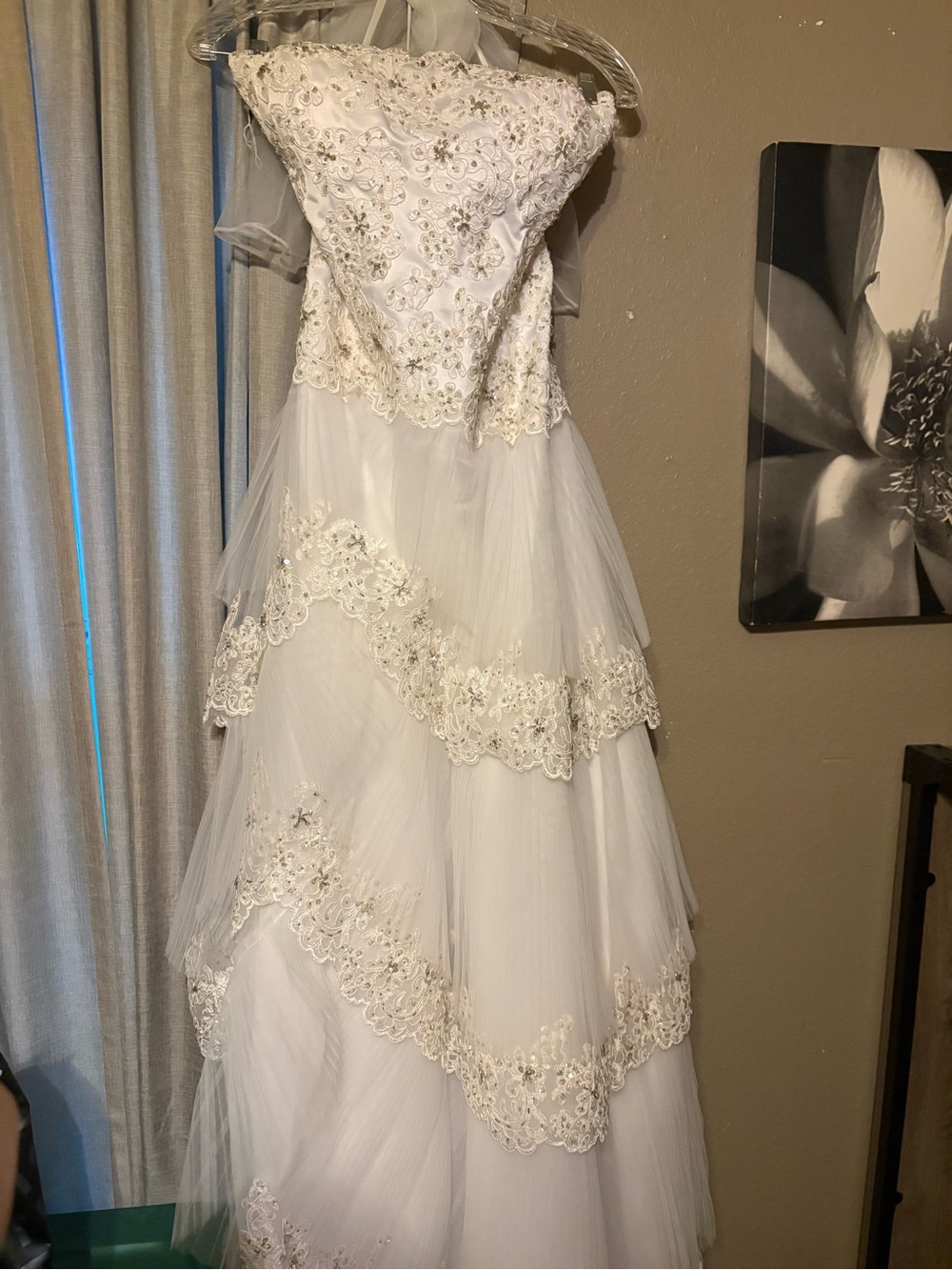 Strapless White Embellished Lace & Tulle Gown